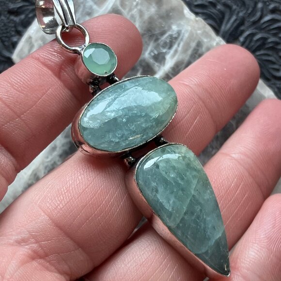 Faceted Chalcedony Over Natural Aquamarine Pendant Crystal Stone Jewelry - Picture 3 of 7